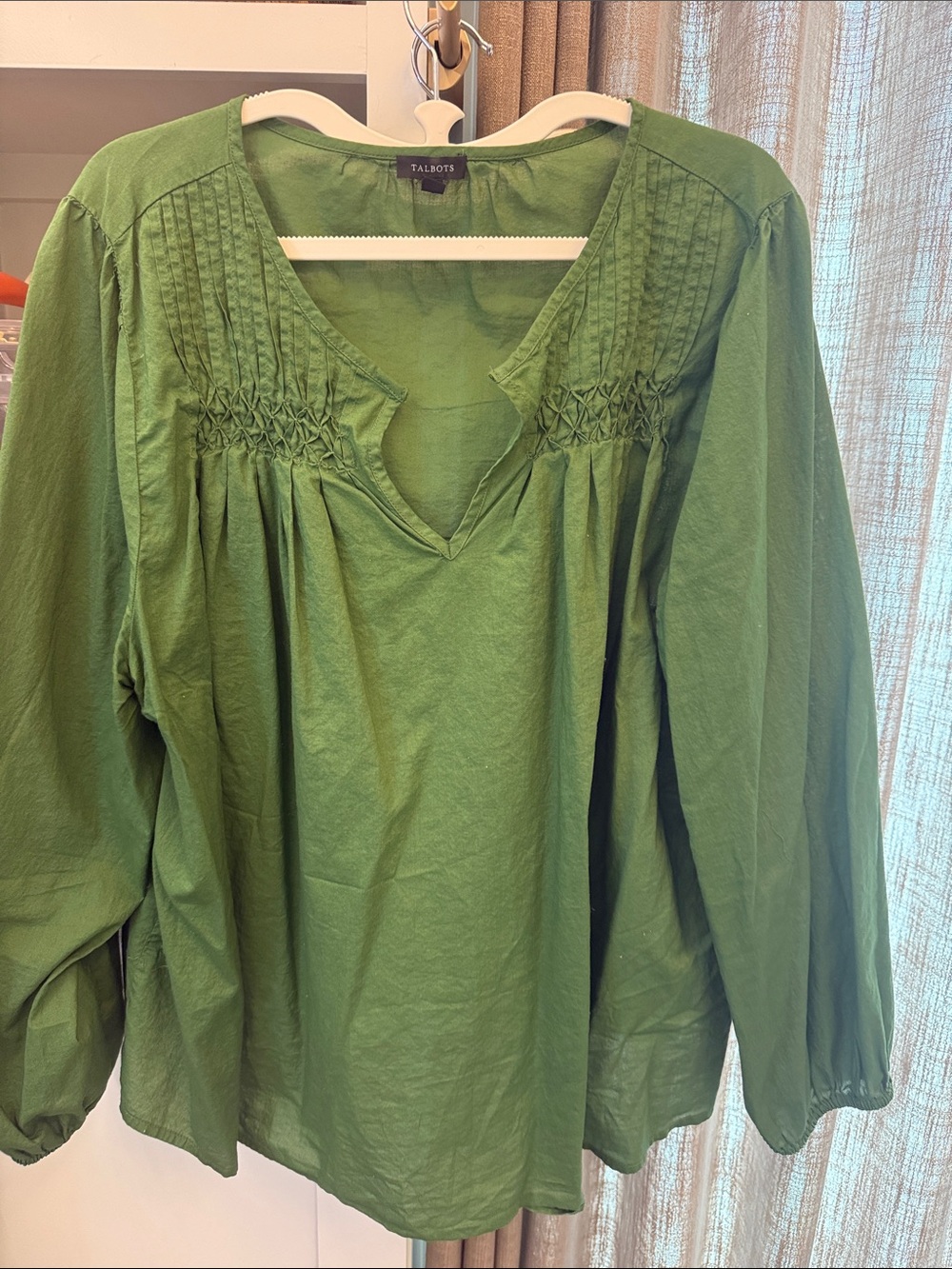 Talbots Olive Green Smocked V-Neck Tunic Top
